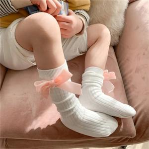 무릎 높은 활 공주 퍼지 아기 양말 제조 업체 아기 소녀 어린이 다리 따뜻한 양말 로고 사용자 정의 해피 양말 면 승무원 - Product Image 4