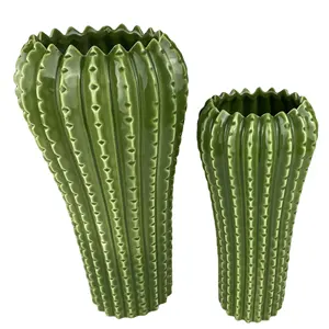 Ceramic Tall Flower Vase Cactus Shape Green Glaze For Desktop Home Decoration Craft and Gift