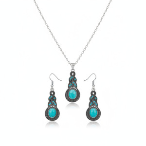 European American Style Jewelry <b>Set</b> Turquoise Gourd Teardrop Necklace Earrings Zinc Alloy Party Fashion <b>Set</b> - Product Image 1