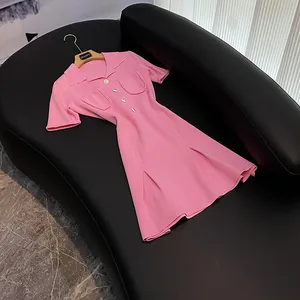 レディスイートサマーカジュアルデザインシングルブレスト半袖女性ターンダウンカラーソリッドミニニットドレス