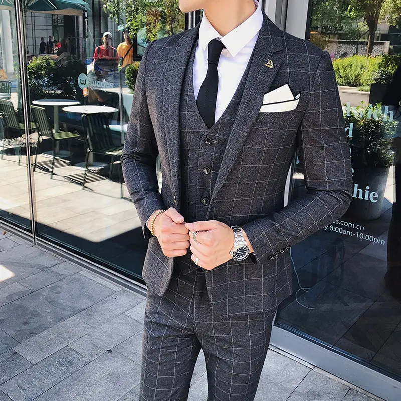 New Gentleman British Men'S Suit Three Piece Business Casual Bridegroom Dress Plaid Suit Suit Man