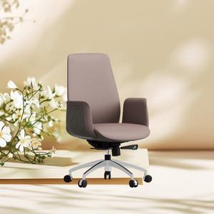 เก้าอี้หนังสีน้ำตาลเรียบง่ายพร้อมโครงเหล็กเสริมที่นั่งฟองน้ำรูปทรงล่วงหน้าล้อเงียบไม่มีพนักพิงศีรษะ - Product Image 4