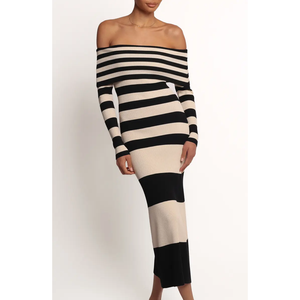 <strong>Black</strong> Beige Stripe Off Shoulder Ribbed Knit Maxi <strong>Dress</strong> Women <strong>Long</strong> <strong>Sleeve</strong> <strong>Bodycon</strong> Sweater <strong>Dress</strong> - Product Image 1