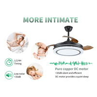 Ventilateur de plafond rétractable à LED 3 couleurs à intensité variable avec télécommande, pales invisibles en métal et plastique ABS, pour maison et bureau
