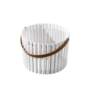 Multi Sizes Round Hollow Laundry Basket PP PBT Clothes Storage <strong>Hamper</strong> With PU Leather Handle Wholesale OEM Bathroom Storage Bin - Product Image 1