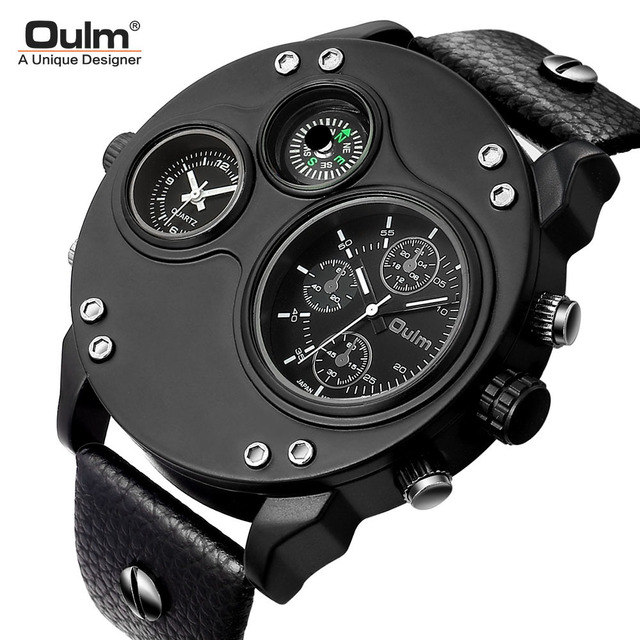 Oulm 3741 Watch for Men Sports Leather Waterproof Big Dial with Compass  Unique Quartz Watches
