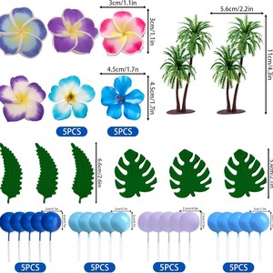 Ensemble de décoration de gâteau hawaïen <span class=keywords><strong>exotique</strong></span> avec des fleurs de plumeria et d'hibiscus colorées, des palmiers et un panneau « Aloha » pour les célébrations tropicales - Product Image 4