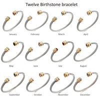 Brazalete de Cable Trenzado con Cristal de Piedra Natalicia, Acero Inoxidable, Impermeable e Hipoalergénico