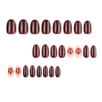 Kuku Palsu Merah Mengkilap Model Tempel 3D Bunga Oval Pendek untuk Kantor Sehari-hari Elegan Seni Kuku Palsu Sederhana Burgundy 4530
