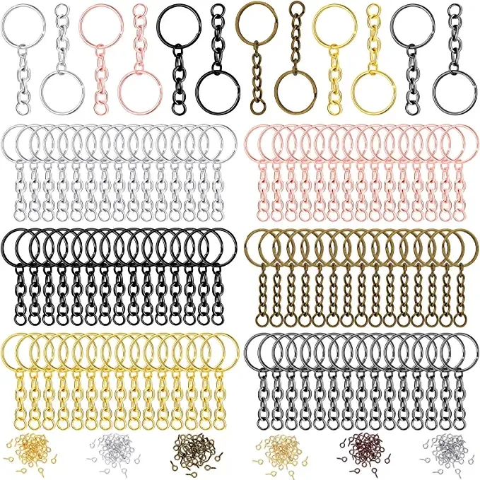 Werbe Roségold Metall DIY Split Schlüssel ring mit Kette Schlüssel bund Ring Teile Split Schlüssel ring mit offener Schlüssel kette Schlüssels chnalle