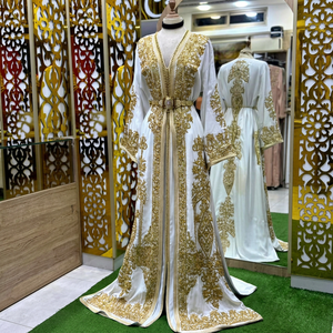 Elegant White Gold Embroidered Polyester Modest Abaya High Neck Long Sleeve MAXI Floral Pattern Middle <b>East</b> Wedding Women Loose - Product Image 1