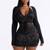 Robe moulante courte en dentelle à col halter et manches longues pour femme Jiubaju avec boléro en tricot, ensemble deux pièces sexy pour soirée et boîte de nuit