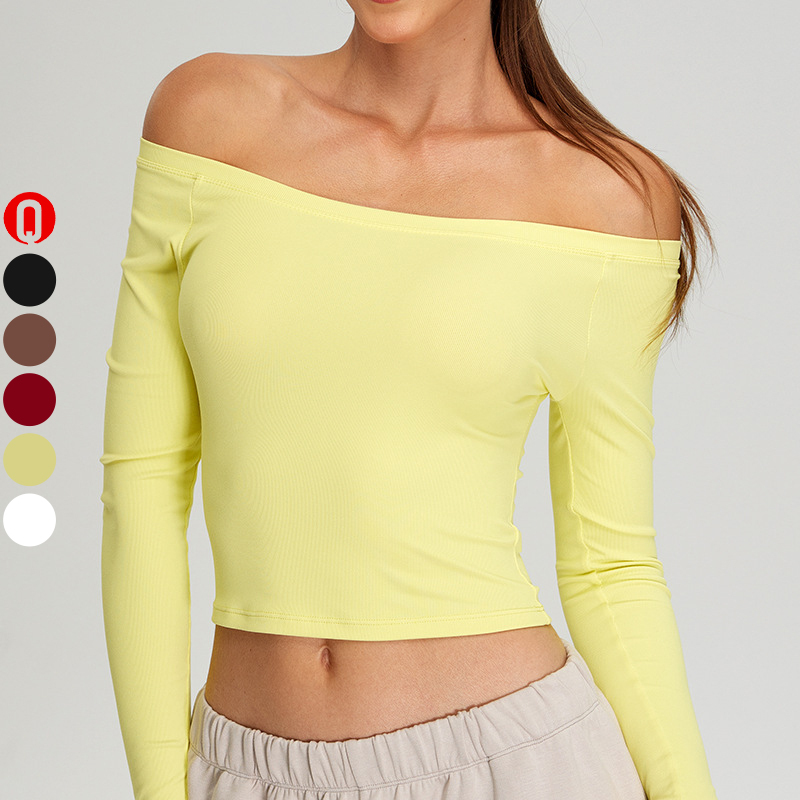 New Fashion Breathable Long Sleeve Yoga Crop Top for Women off Shoulder Sexy Fitness Skinny Fit Four-Way Stretch Front Logo