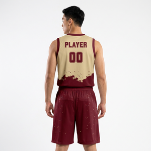 Conjunto de Uniforme de Baloncesto Personalizado para Hombre, Camiseta sin Mangas y Pantalones Cortos, Color Granate y Dorado, Impresión por Transferencia de Calor, 100% Poliéster - Product Image 1