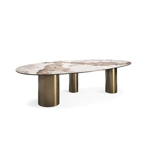 Aesthetic Luxury Gold Curved Dinning <strong>Table</strong> <strong>Set</strong> and X6 Genuine Leather Chair Seat Beige Black American <strong>Diner</strong> Chairs - Product Image 3