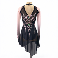 Robe de patinage et de danse pour enfants et adultes, noire et rose, à col licou, découpes, manches longues en maille, dos orné de strass, pour compétition et spectacle de patinage artistique