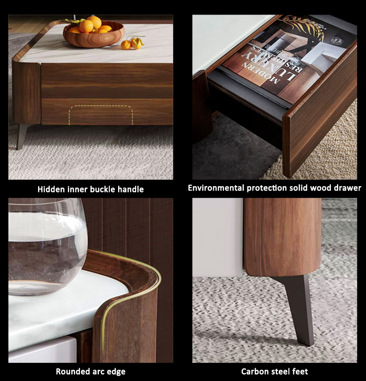 Modern wooden rectangular square marble top metal coffee table living room furniture