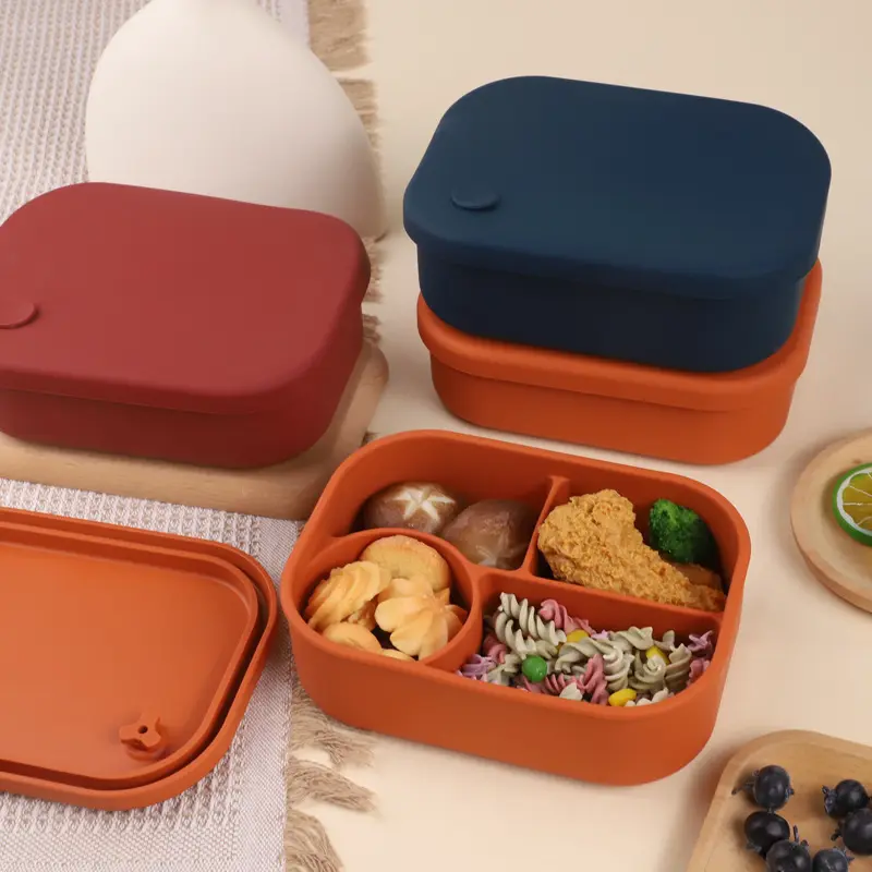 カスタムロゴ食品グレード食器BPAフリー再利用可能な食品収納バッグ長方形4コンパートメントシリコンランチボックス