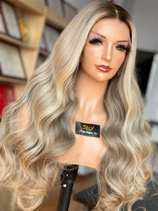 Perruque Lace Frontale Transparente en Cheveux Humains Vierges Européens Double Drawn, Ondulée Blonde avec Raie Latérale et Racines Brun Foncé - Product Image 1
