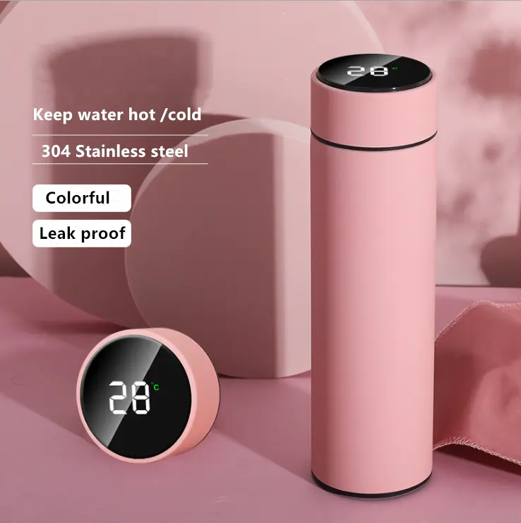 Custom Thermos Slimme Digitale Thermos Koude Roestvrijstalen LED Waterfles Met Temperatuur Display Roze Thermos