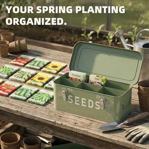 Organisateur de rangement pour graines en métal, 4 compartiments, 30 étiquettes pour enveloppes, bac de jardin, protection des semences anciennes, vert foncé vintage - Product Image 6