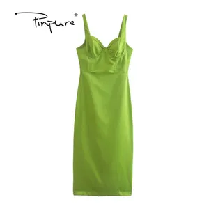 Модное зеленое атласное платье на бретельках R30955S, летние сексуальные женские прямые платья миди с V-образным вырезом и молнией сзади, женское шикарное вечернее платье