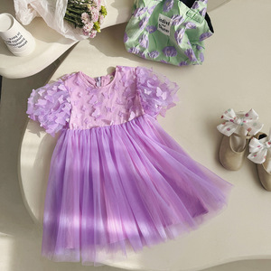 Vestido de Tul para Niña, Estilo Princesa, con Mangas Abullonadas, Color Sólido y Estampado Floral, Moda Infantil de Verano - Product Image 4