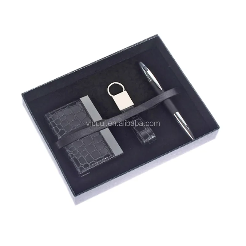 Metal ve PU deri kartvizit tutucu + anahtarlık + kalem kurumsal iş hediye seti