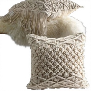 Bohemian Macrame Wool <b>Throw</b> Pillow Cover Square Geometric Pattern Handcrafted Textile Decorative Cushion Case 100% Linen Filling - Product Image 1