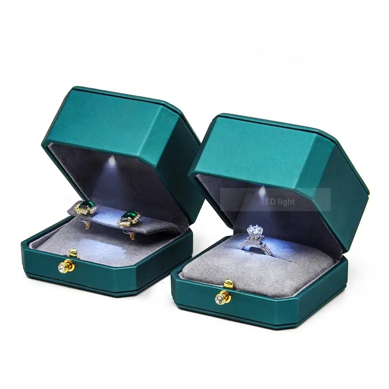 Dark green jewellery light up ring boxes packaging stone attached push button PU leather ring box case with led light