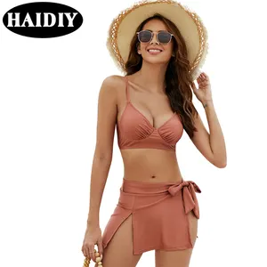 OEM 2024 High quality Sexy Solid Color Suspenders Bathing dress 3 Piece Bikini Beachwear Halter Swimsuit Custom Women Swimwear