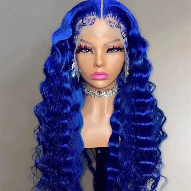 Highknight Wholesale Brazilian Human Hair Lace Frontal Wig Blue Color Deep Wave Transparent Pre Pluck Lace Wig For Black Women