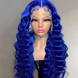 Highknight cheveux humains dentelle frontale perruque pré-plumé dentelle perruque transparente pour la couleur noire vague profonde en gros femmes brésiliennes bleu