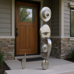 Ensemble de poignées de porte d'entrée en nickel satiné DB Wholesale, espacement des trous réglable, pêne dormant, sécurité domestique contemporaine - Product Image 2