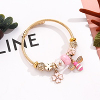 Gelang Liontin Lebah Kristal Baja Anti Karat Lapis Emas, Manik-Manik Lubang Besar Model Tetesan Minyak, Liontin Bunga, untuk Wanita