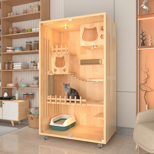 Villa per Gatti di Lusso Moderna Grande da Interno in Legno Massello con Recinzione in Vetro Antipolvere, Design Traspirante per <span class=keywords><strong>Animali</strong></span>, Cuccia per <span class=keywords><strong>Animali</strong></span> Domestici per Tutte le Stagioni - Product Image 1