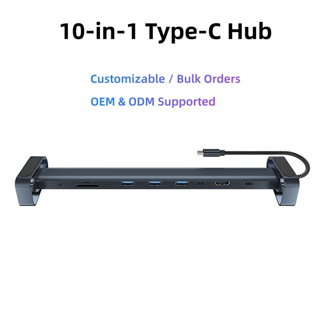 Custom OEM 10-in-1 USB-C Hub 4K for 100W PD 3 USB 3.0 SD/TF Reader Ethernet Aluminum Alloy Universal Docking Station Stock