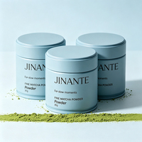 Vente en gros de boîtes en métal pour matcha de 30 g avec couvercle hermétique, boîte-cadeau en papier bleu bébé personnalisée pour le thé Hojicha, le café, le cacao, la poudre de protéines