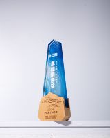 Nouveau trophée personnalisé en bois massif de cristal de couleur de forme créative Excellent gagnant du personnel Champion trophée prix du concours de vente