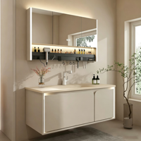 Meuble-lavabo de salle de bain en pierre thermoformée intégrée style crème, vasque murale pour salle de bain