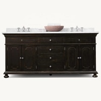 Meuble-lavabo double vasque en bois personnalisable style vintage américain, sur pied, avec vasque en céramique et plateau en marbre, pour appartement et villa