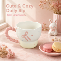 Tasse à café en céramique peinte à la main de 400 ml avec anse perlée rose, bord ondulé, tasse à eau, tasse de petit-déjeuner mignonne, cadeau pour filles