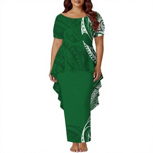 Robe Hawaïenne Puletasi Polynésien pour Femme, Style Sirène, Deux Pièces, Manches Courtes Bouffantes, Élégante, Motif Îles du Pacifique, en Polyester, Personnalisable, MOQ 1 - Product Image 3