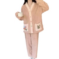 Cardigan arc-en-ciel ensemble deux pièces pour femmes hiver corail polaire réversible épaissi pyjamas chaud maison porter doux chaud ensemble pyjamas