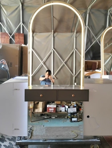 LED <b>Lighted</b> Arch Mirror with Built-in Double Drawers, Customizable <b>Vanity</b> Desk Mirror Set for Salon Factory Direct Wholesale - Product Image 1