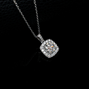 Classic Cushion Halo Lab Created Diamond Necklace, Round Cut Solitaire with <b>Square</b> Frame Pave Halo Pendant in 925 Silver - Product Image 4