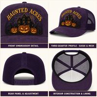 Casquette Trucker Unisexe 5 Panneaux en Daim Brodé Citrouille Effrayante Jack-o'-lantern pour Halloween, avec Visière Courbée Structurée en Maille