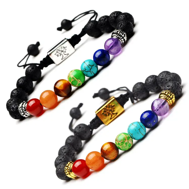 SC Bracelets en pierre de lave volcanique noire naturelle pour hommes, Bracelet en perles de 7 Chakra, tressé à la main, Bracelet arbre de vie, offre spéciale