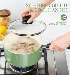 Modern Cooking Pots& <b>Pans</b> Glass <b>Lids</b> Wooden Soft Touch Handles 6 Piece Green Ceramic Non-Stick Cookware Set - Product Image 5