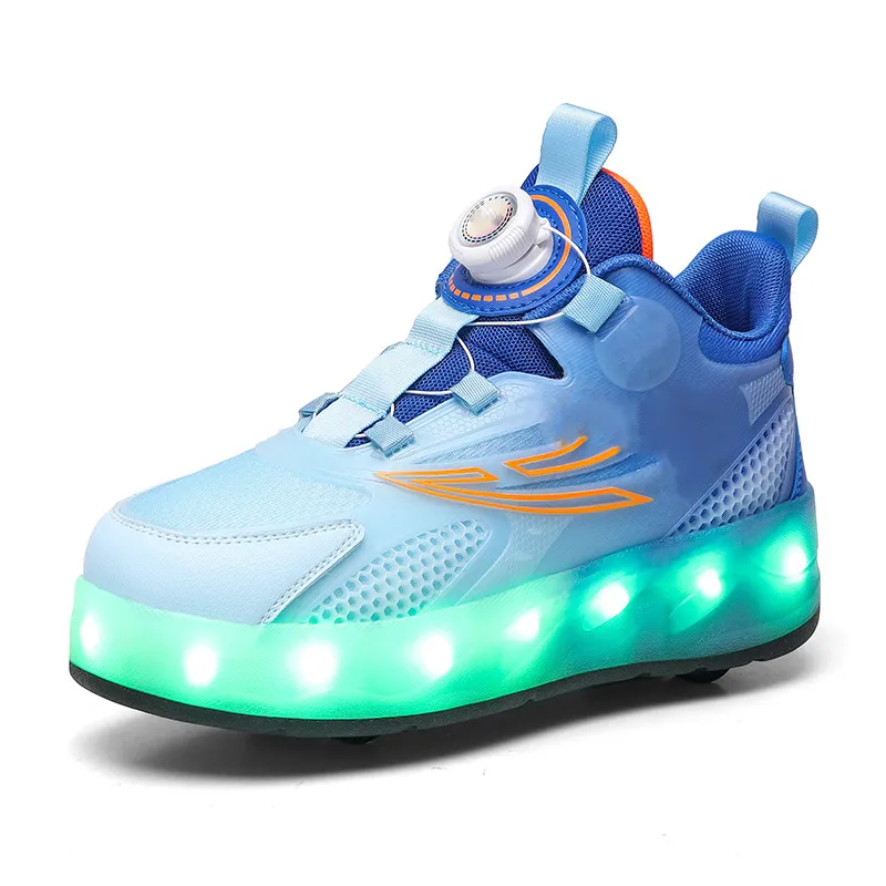 Nieuwe Ademende Led Kind Hardloopschoenen Walk-On Rolschaatsen Voor Kinderen Roterende Knop Ademende Rolschaatsen